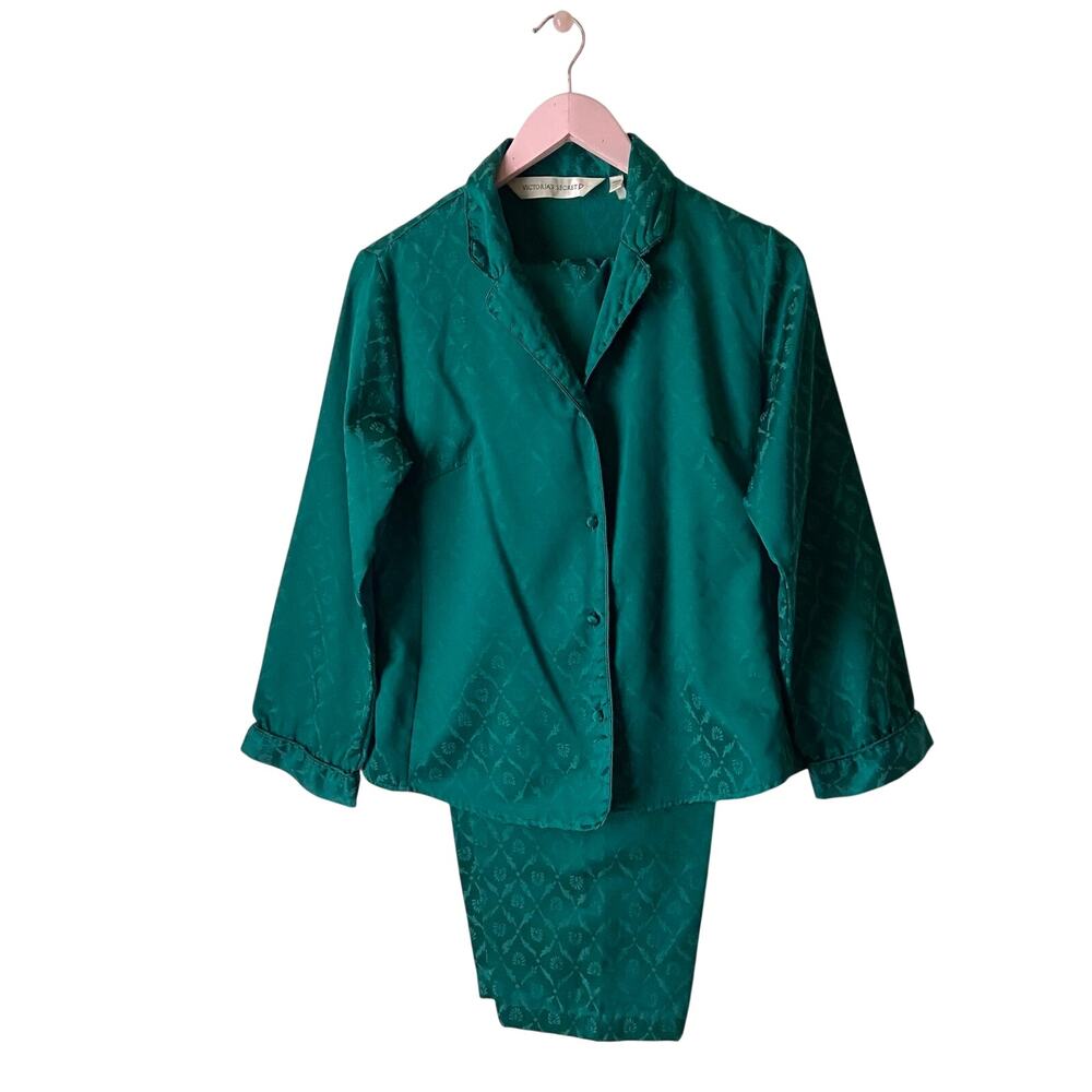 Vintage Victoria's Secret Emerald Green Satin Jacquard Pajama Set